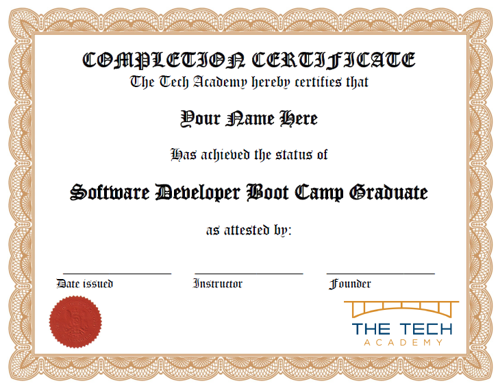 A sample Tech Academy graduation certificate