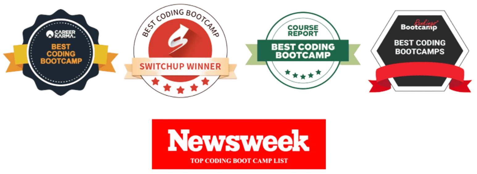 Five awards: Career Karma Best Coding Bootcamp; SwitchUp Best Coding Bootcamp Winner; Course Report Best Coding Bootcamp; Bootcamp Rankings Best Coding Bootcamps; Newsweek Top Coding Boot Camp List.